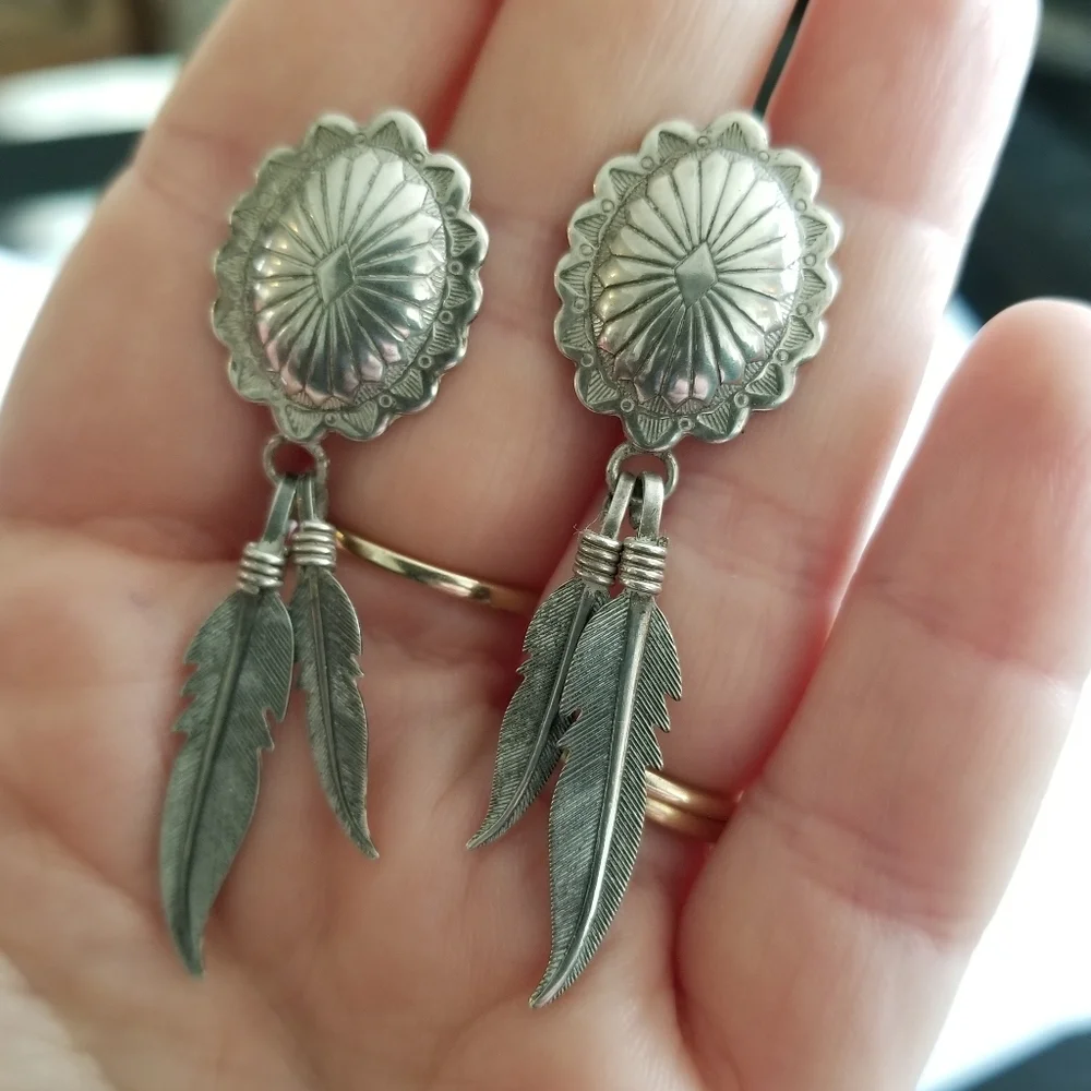 Vintage earrings Sterling Silver shield post Feather dangles 925 old pawn